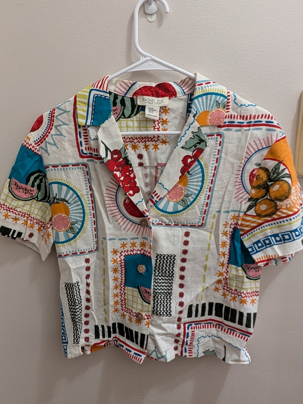 Rachel Zoe Tropical Fruit Postcard Print Linen Blend Shirt